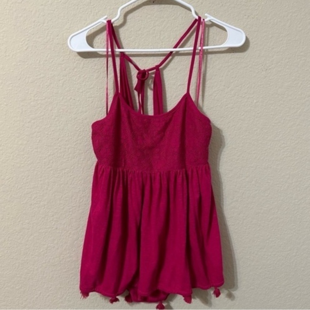 a.n.a. Top Fushsia Pink Halter Tank Tie Back Tassels Boho Hippie Festival